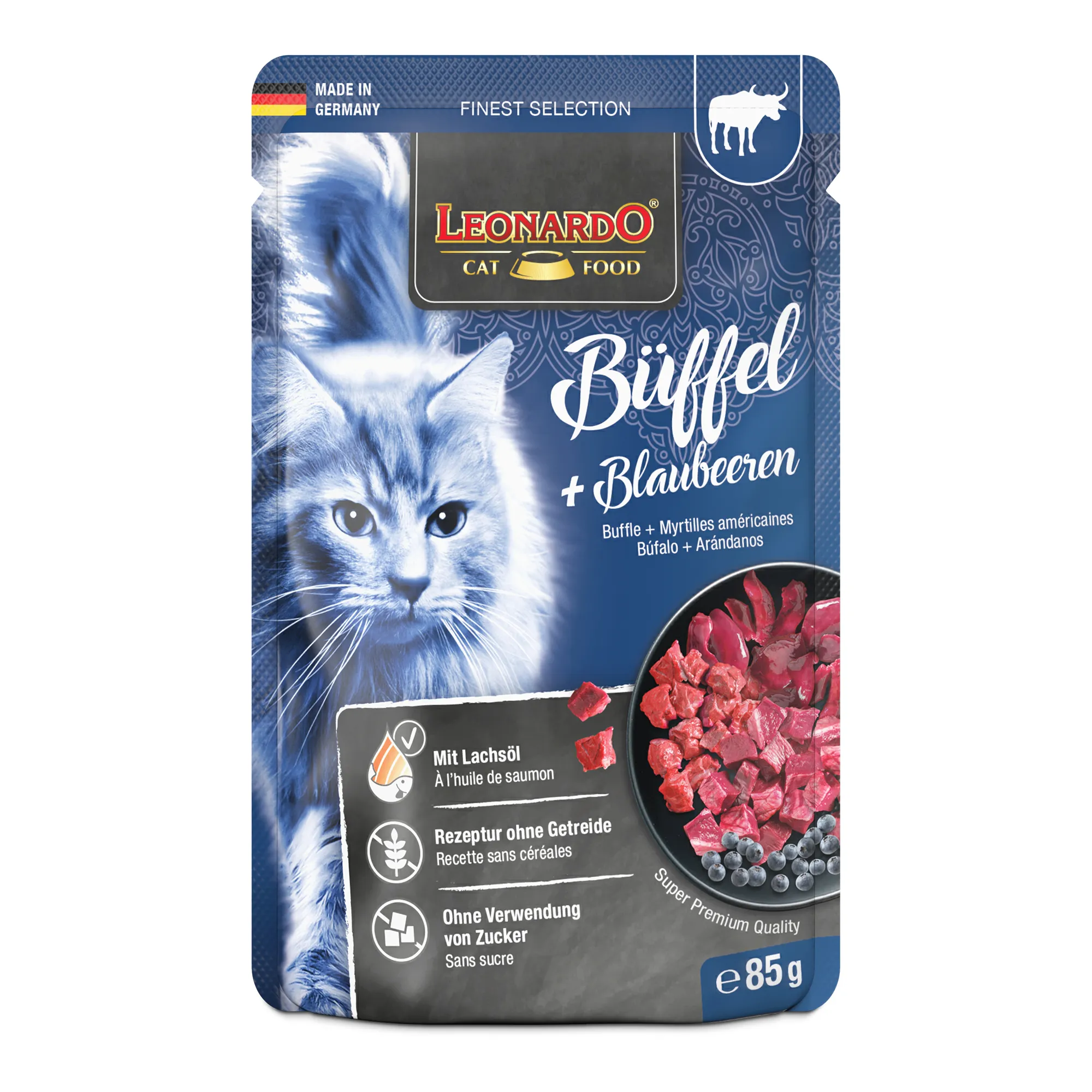 Leonardo Büffel und Blaubeeren 85 g – Nassfutter für Katzen