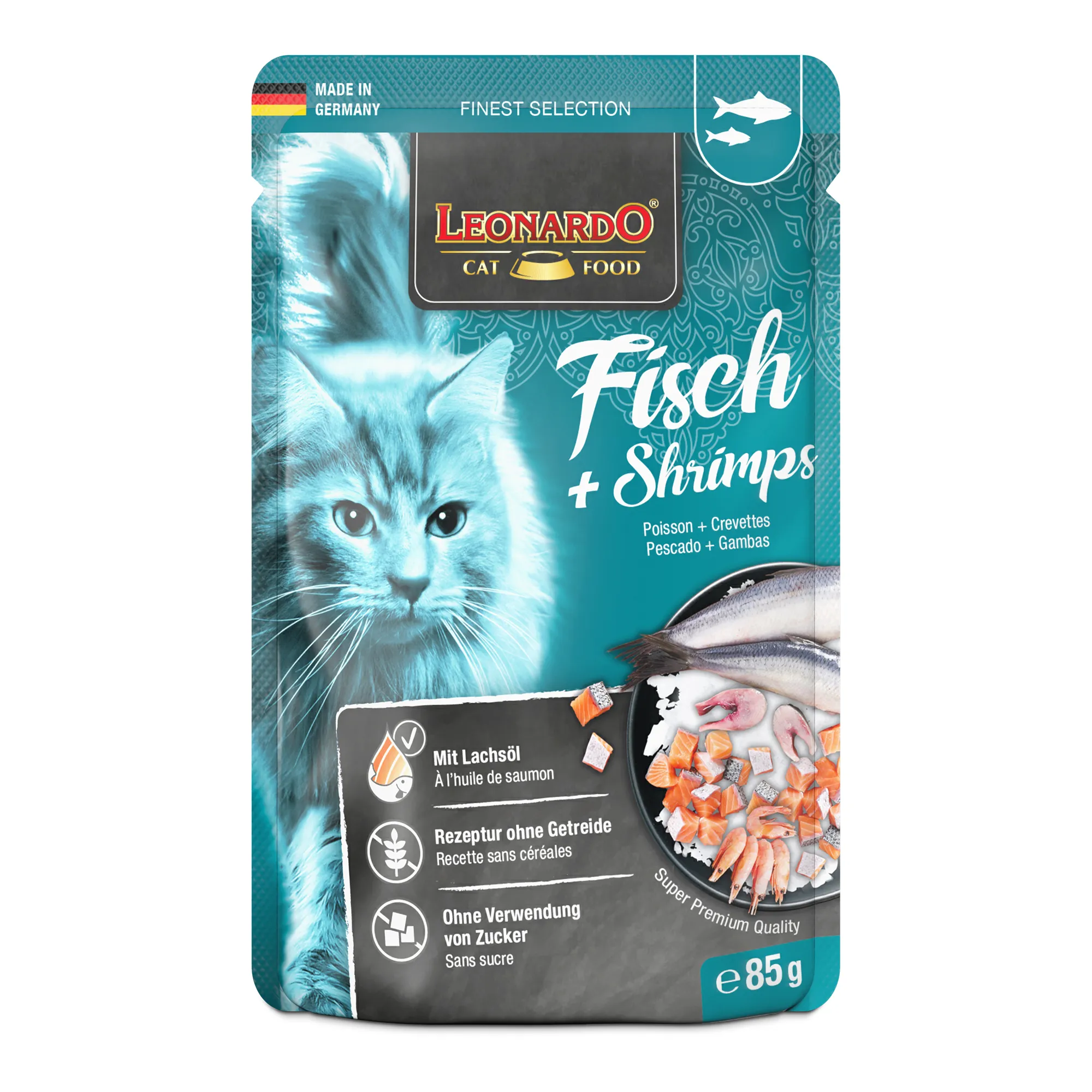 Leonardo Fisch und Shrimps 85 g – Nassfutter für Katzen