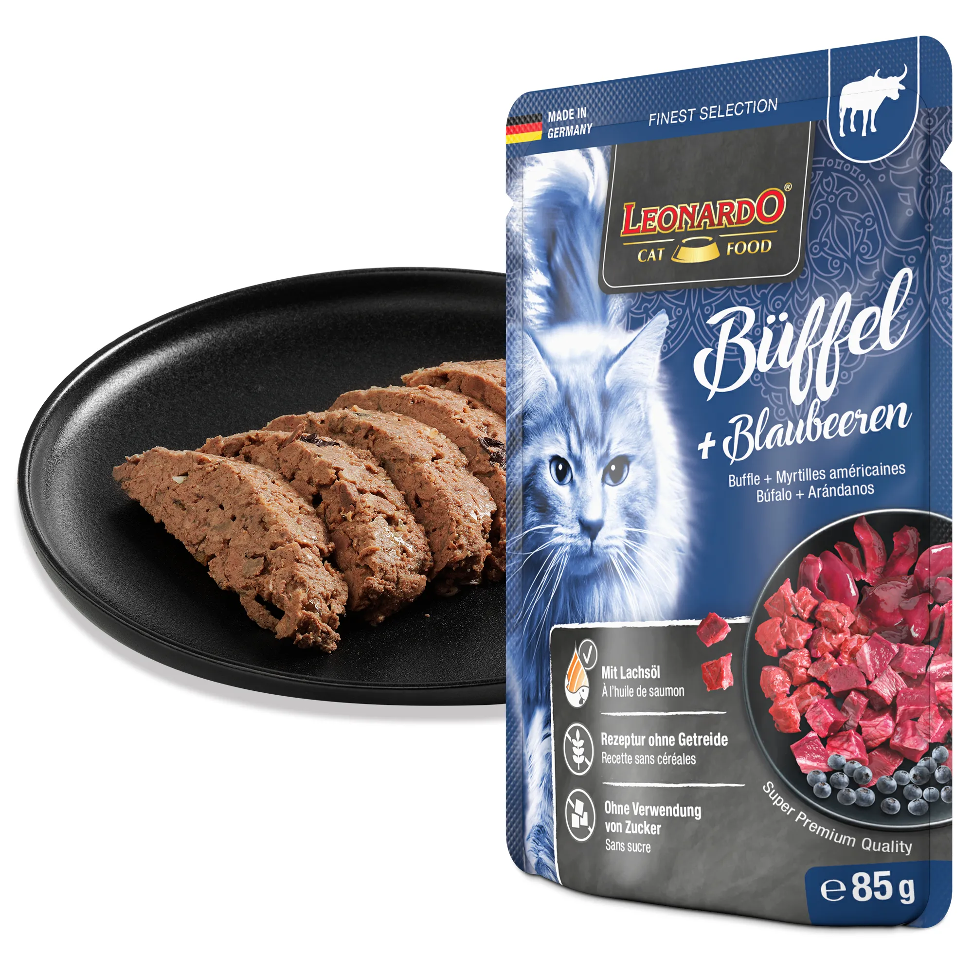 Leonardo Büffel und Blaubeeren 85 g – Nassfutter für Katzen