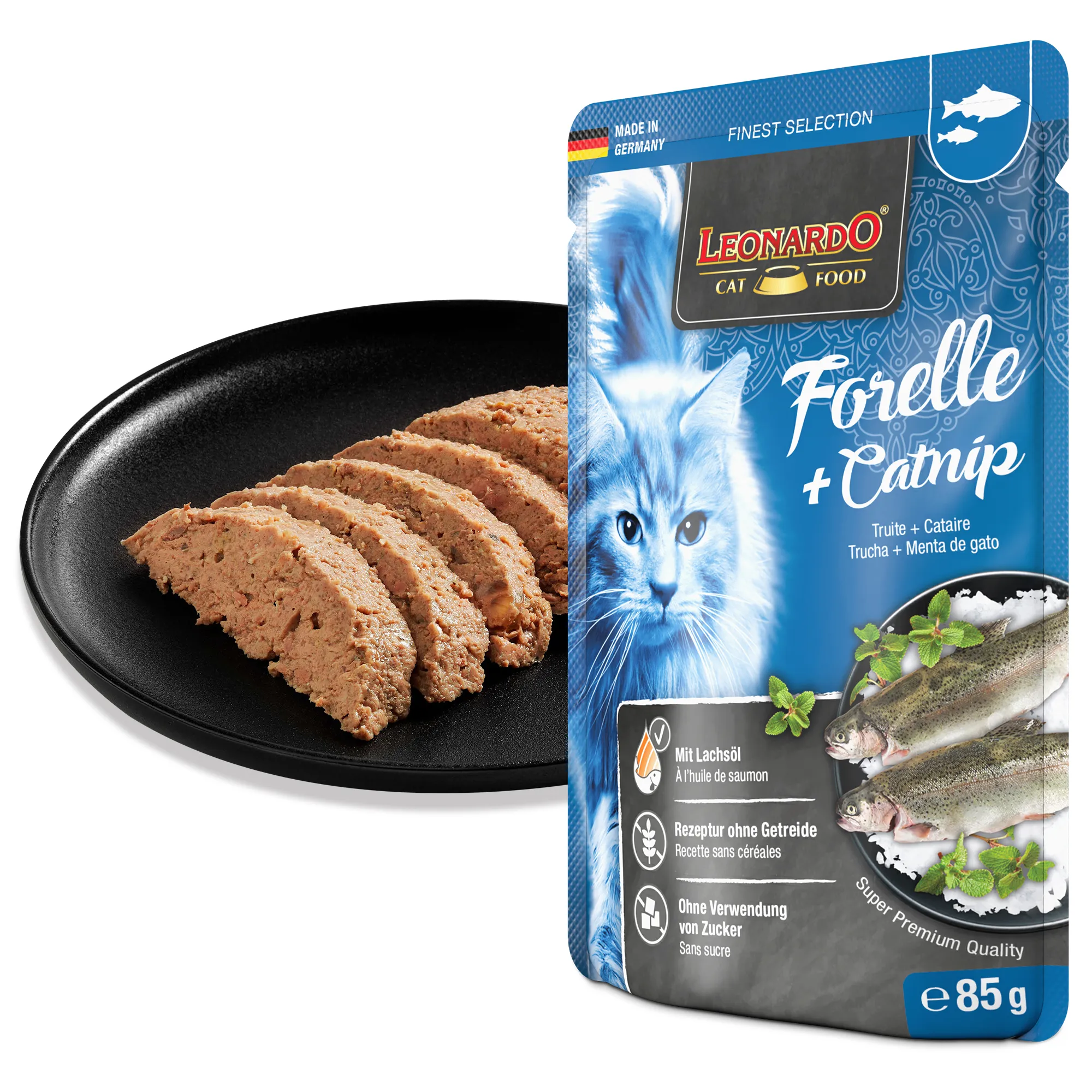 Leonardo Forelle und Catnip 85 g – Nassfutter für Katzen